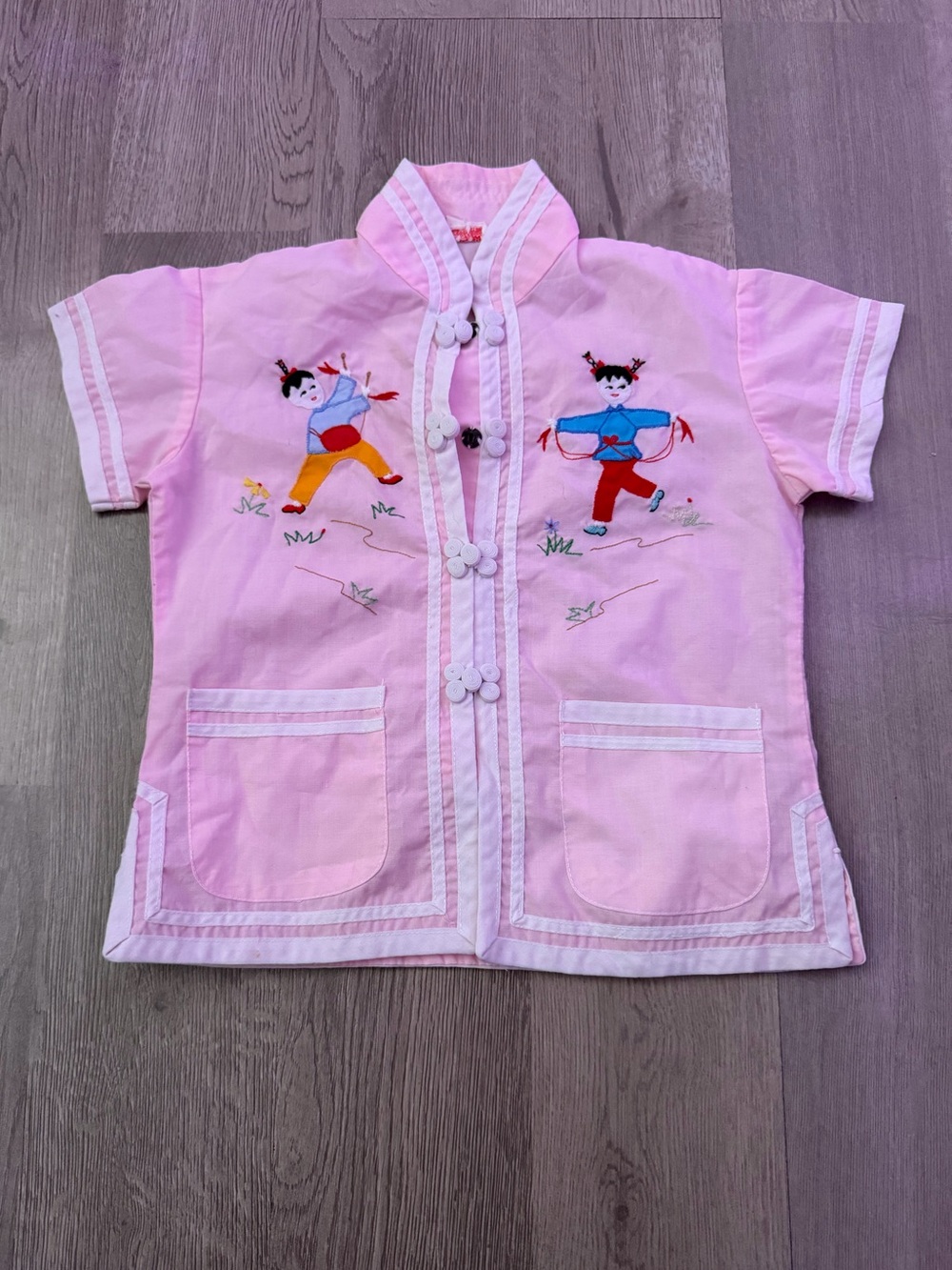 Vintage Pink Embroidered Button-Front Kids Top